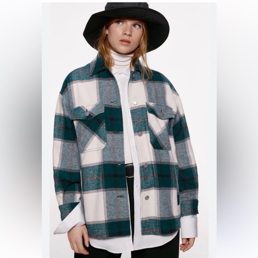NEW ZARA Plaid Green Wool Shacket Overshirt